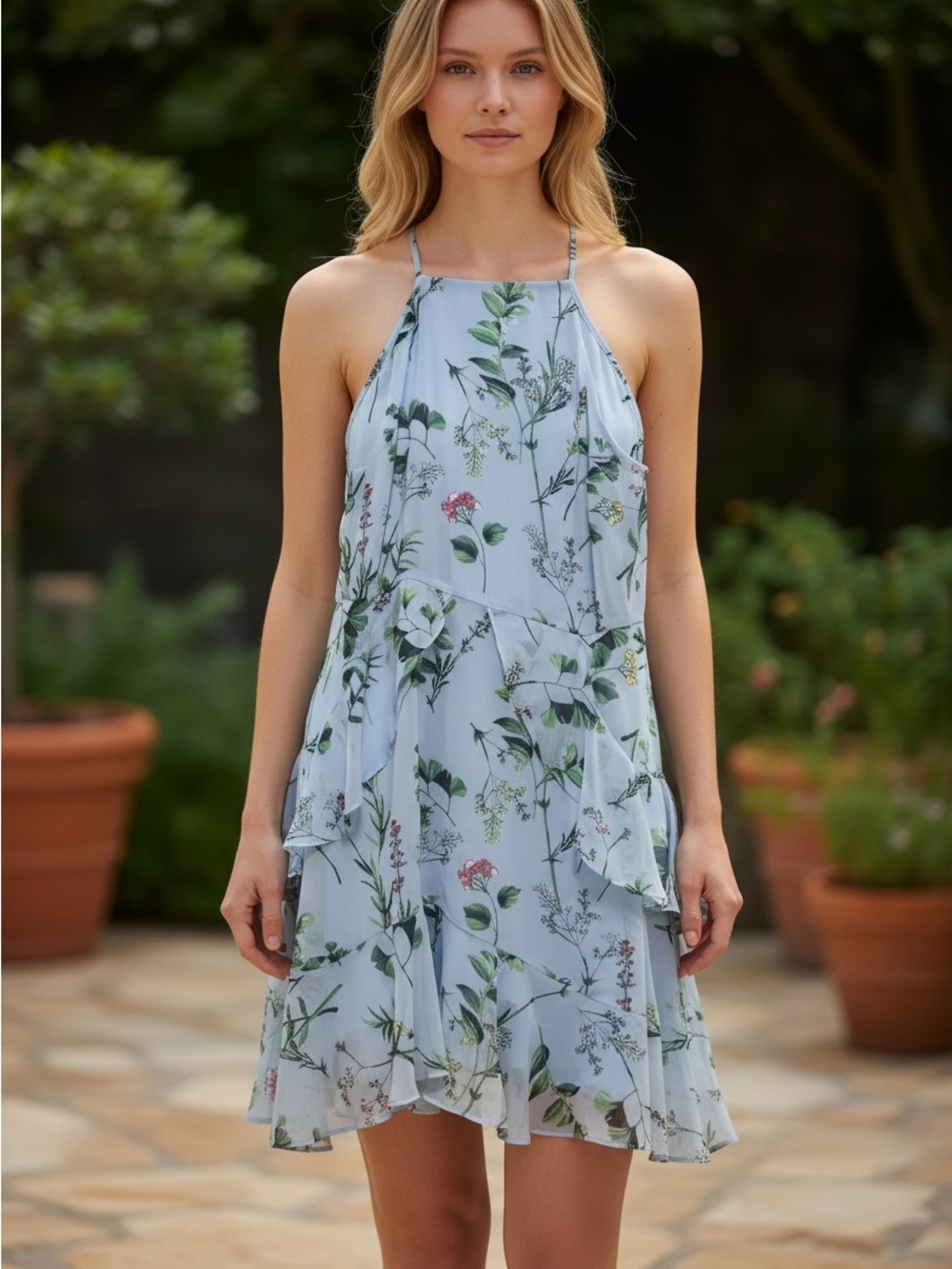 Banana Republic Light Blue Floral Halter Mini Dress